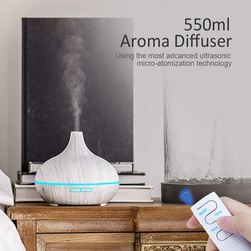 KBAYBO 550ml Ultrasonic Electric Air Humidifier in white wood grain design, emitting cool mist and featuring LED lights.